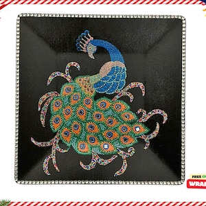 Hand-Painted Peacock Mandala Art | Dot Design with Mirrors  | Decorative Plate Display | Home Accent | Boho Home Décor | Christmas Gift