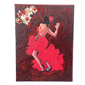 Flamenco Dancer Canvas | Unique Christmas Decor | Spanish Art Gift | Festive Wall Art | Hand-Painted Red & Black Texture | Dance Lover Gift