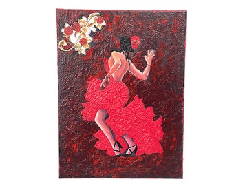 Flamenco Dancer Canvas | Unique Christmas Decor | Spanish Art Gift | Festive Wall Art | Hand-Painted Red & Black Texture | Dance Lover Gift