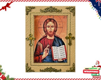 Jesus Christ Canvas Art | Greek Orthodox Icon | Hand-Painted Spiritual Wall Piece | Religious Faith Decor | Unique Christmas Gift