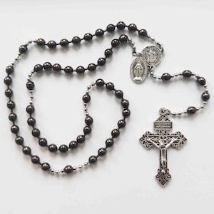 WW1 Combat Battle Rosary Gunmetal grey with stainless steel pardon crucifix miraculous medal Jesus Our Lady St Benedict