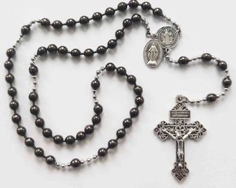 WW1 Combat Battle Rosary Gunmetal grey with stainless steel pardon crucifix miraculous medal Jesus Our Lady St Benedict