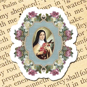 Santa Teresa de Lisieux vinilo pegatina, impermeable, resistente a los rayos UV, calcomanía católica, pegatina de flores, pegatina de santo, pegatina cristiana