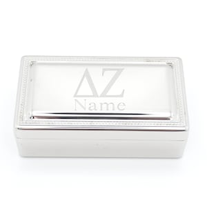 Delta Zeta Box Small Jewelry Holder Storage Silver Keepsake Treasure Chest Hinged Rectangle Case Design Velvet Lined Container Greek Letter