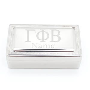 Sorority Jewelry Box Silver Tone Rectangle Case Velvet Lined Badge Storage Greek Letter Gamma Phi Beta Keepsake Graduation Gift Initiation