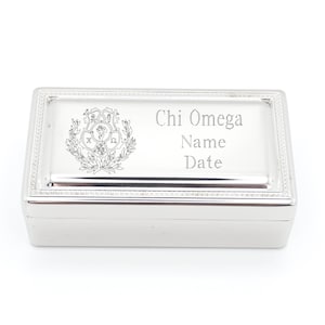 Chi Omega Box Jewelry Storage Silver Container Rectangle Case Velvet Lined Badge Holder Trinket Organizer Greek Accessory Display Item