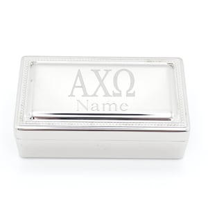 Sorority Jewelry Box Silver Container Velvet Lined Storage Case Greek Letter Alpha Chi Omega Gift College Keepsake Treasure Chest Badge
