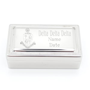 Sorority Jewelry Box College Gift Idea Present Member Trinket Container Silver Tone Metal Hinged Velvet Lined Keepsake Storage Greek Letter