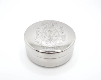 Caja Chi Omega con forro de terciopelo para guardar joyas, estuche plateado, regalo de hermandad, regalo de iniciación, porta credencial, contenedor de baratijas, diseño de metal griego
