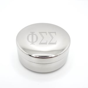 Sorority Jewelry Box Metal Container Velvet Lined Case Storage Small Ring Holder Trinket Engraved Silver Design Greek Letter Phi Sigma