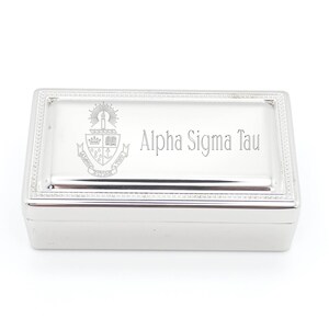 Sorority Jewelry Box Silver Finish Velvet Lined Trinket Case Greek Letter Keepsake Storage Hinged Top Rectangular Design College Accessory
