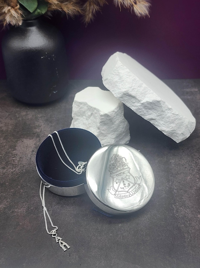 College Gift Box Sorority Sister Present Alpha Delta Pi Keepsake Container Metal Jewelry Storage Velvet Lined Protection Engraved Crest Design Silver Finish Trinket Case Perfect Graduation Gift Initiation Present Birthday Gift Special