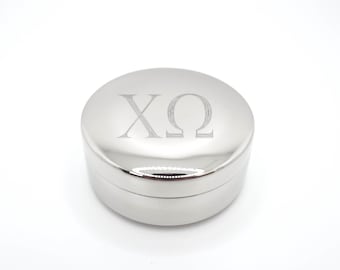 Joyero de hermandad, idea de regalo Chi Omega, estuche para baratijas con letras griegas, forrado de terciopelo, contenedor de recuerdos, almacenamiento de metal en tono plateado, para hermanas