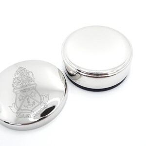 Silver Finish Jewelry Box Engraved Sorority Design Alpha Delta Pi Crest Metal Trinket Container Velvet Lined Interior Protective Storage Case Small Round Box Perfect Size Elegant Appearance Quality Construction Durable Material Tarnish