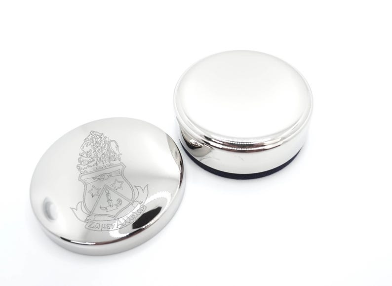 Silver Finish Jewelry Box Engraved Sorority Design Alpha Delta Pi Crest Metal Trinket Container Velvet Lined Interior Protective Storage Case Small Round Box Perfect Size Elegant Appearance Quality Construction Durable Material Tarnish