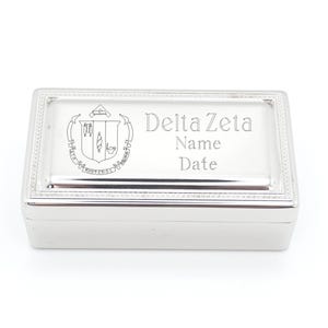 Delta Zeta Box Small Rectangular Silver Tone Trinket Container Velvet Lined Jewelry Storage Sorority Gift Greek Organization Member Keepsake