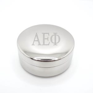 Sorority Schmuckschatulle Silber Schmuckbehälter Lagerung Samt ausgekleidet Fall Organizer Runde Metall Andenken Halter College Zubehör griechischen Brief