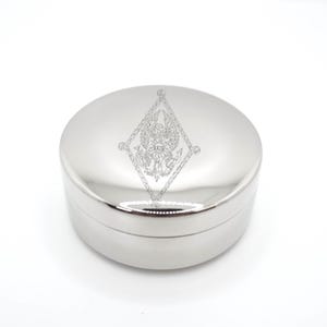 Sorority Jewelry Box Metal Trinket Storage Container Velvet Lined Silver Case Round Pill Small Accessory Greek Organization Crest Engraved