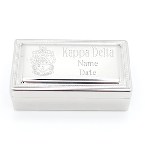 Kappa Delta Box Jewelry Storage Ring Container Silver Finish Velvet Lined Treasure Case Hinged Top Greek Letter Sorority Gift Idea Present