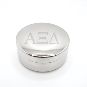 Sorority Jewelry Box Silver Tone Round Container Velvet Lined Storage Case Badge Holder Alpha Xi Delta Gift College Graduation Present Idea