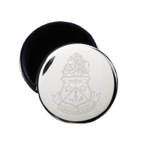 Metal Trinket Box Sorority Storage Case Velvet Lined Interior Round Container Silver Finish Design Alpha Delta Pi Engraved Crest Jewelry Organization Solution Small Compact Size Perfect Ring Holder Necklace Storage Badge Protection Earring