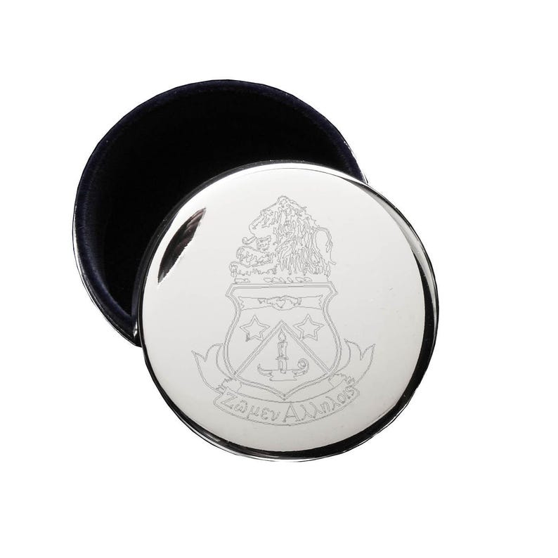 Metal Trinket Box Sorority Storage Case Velvet Lined Interior Round Container Silver Finish Design Alpha Delta Pi Engraved Crest Jewelry Organization Solution Small Compact Size Perfect Ring Holder Necklace Storage Badge Protection Earring