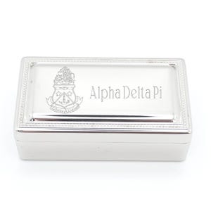Sorority Jewelry Box Alpha Delta Pi Badge Storage Case Small Elegant Silver Trinket Container Velvet Lined College Gift Idea Present Sister