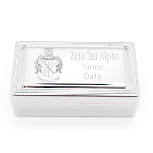 Zeta Tau Alpha Sorority Jewelry Box Small Silver Keepsake Velvet Lined Storage Case Badge Pin Holder Trinket Container Greek Letter Engraved