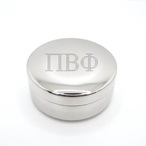 Sorority Jewelry Box Metal Trinket Case Storage Container Velvet Lined Interior Ring Holder Silver Finish Greek Letter Engraved Design