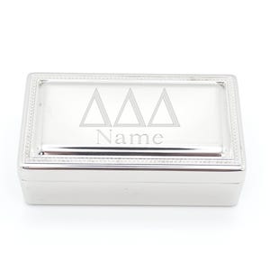 Caja Tri Delta para guardar joyas de plata, forrada de terciopelo, regalo universitario, estuche para pin de miembro de hermandad, pequeño recuerdo con letra griega