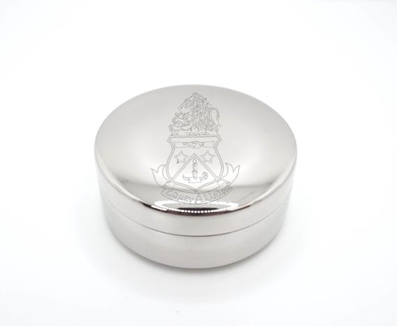 Sorority Jewelry Box Metal Trinket Case Storage Velvet Lined Round Container Silver Finish Engraved Design Alpha Delta Pi Gift College