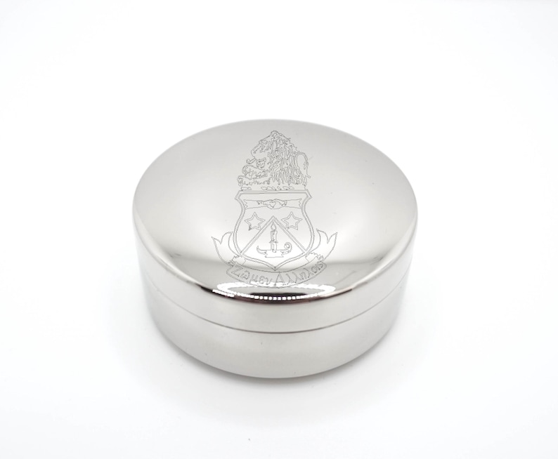 Sorority Jewelry Box Metal Trinket Case Alpha Delta Pi Engraved Design Silver Finish Container Velvet Lined Interior Perfect Graduation Gift Special Sister Present College Keepsake Storage Elegant Small Round Box Badge Pin Holder Rings