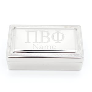 Sorority Jewelry Box Silver Tone Rectangle Keepsake Velvet Lined Storage Badge Container Greek Letter Pi Beta Phi Gift Graduation Present