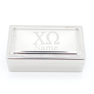 Chi Omega Box Jewelry Storage Case Velvet Lined Interior Badge Holder Silver Tone Rectangle Design Personalized Gift Sorority Member