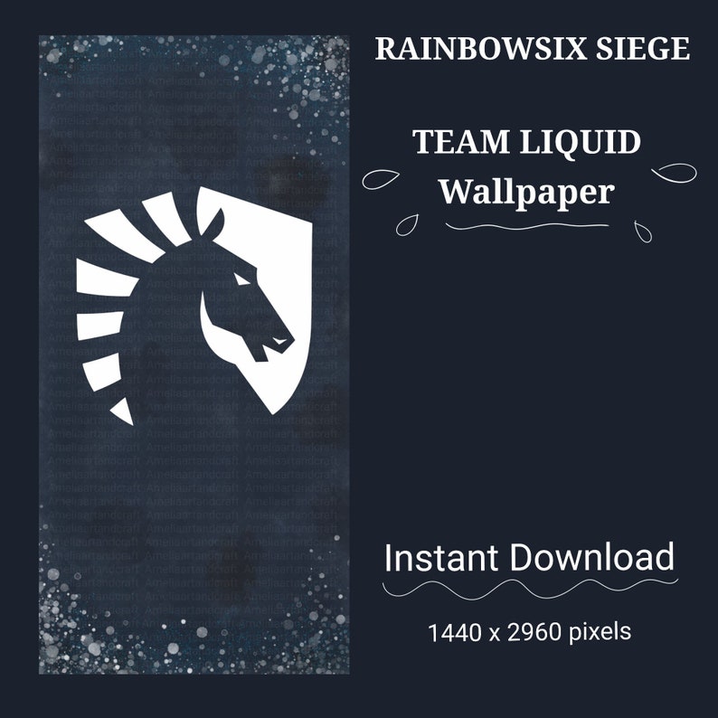 May include: A dark blue digital wallpaper featuring the Team Liquid logo, a white horse head with a white mane, on a dark blue background with white dots. The text "RAINBOWSIX SIEGE TEAM LIQUID Wallpaper Instant Download 1440 x 2960 pixels" is in white text on the right side of the image.