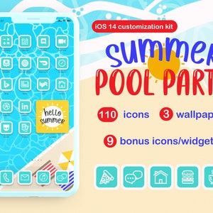 May include: A blue and white phone screen with a summer pool party theme. The screen has 110 icons, 3 wallpapers, and 9 bonus icons/widgets. The phone is on a beach with a yellow sun and blue waves.