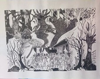 Strange Art: Lino Print of a wonderful weird alternative Forest, Alice in Wonderland inspired