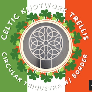May include: A circular green, white, and orange design with a Celtic knotwork pattern in the center. The design is surrounded by a border of shamrocks and the text "Celtic Knotwork Trellis Circular Triquetra Border".