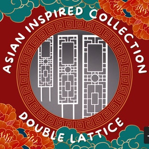 May include: Asian inspired double lattice collection with three white lattice panels on a red background with gold trim. The panels are set against a gray background. The text "Asian Inspired Collection Double Lattice" is in a white circle with a gold border.