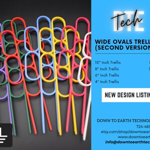 May include: A set of colorful plastic trellis supports in various sizes, ranging from 4 inches to 10 inches. The trellis supports are designed with a wide oval shape and are ideal for supporting climbing plants. The image also includes text with pricing information for each size of trellis support.