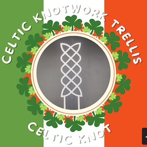 May include: A green, white, and orange background with a circle of green shamrocks surrounding a gray circle with a Celtic knot design. The text "Celtic Knotwork Trellis Celtic Knot" is written around the circle.