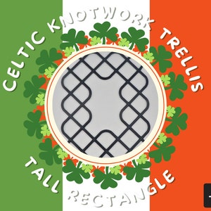 May include: A green, white, and orange background with a circle in the center. The circle has a black Celtic knotwork design inside and is surrounded by shamrocks. The text around the circle reads "Celtic Knotwork Trellis Tall Rectangle".