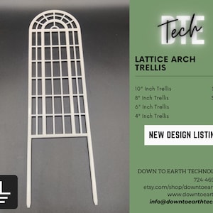 May include: White plastic lattice arch trellis for plants. The trellis is 10 inches tall and has a lattice design. The trellis is available in different sizes: 10", 8", 6", and 4".