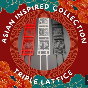 May include: Three decorative metal lattice panels in red, white, and black. The panels are inspired by Asian design and feature a repeating geometric pattern. The panels are labeled "Asian Inspired Collection Triple Lattice".