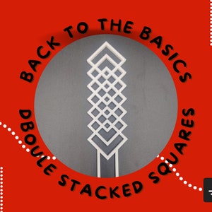 May include: A graphic design with a red background and a gray circle in the center. The text "BACK TO THE BASICS DOUBLE STACKED SQUARES" is in black around the circle. A white geometric design is in the center.