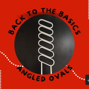 May include: A black and white graphic design with the text "Back to the Basics Angled Ovals". The graphic features a white, angled oval shape repeated in a spiral pattern.