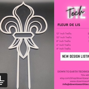 May include: White 3D printed Fleur de Lis trellis design in various sizes from 4 inches to 12 inches. The price list is shown next to the design.  The text "Tech" is in the top right corner of the image.