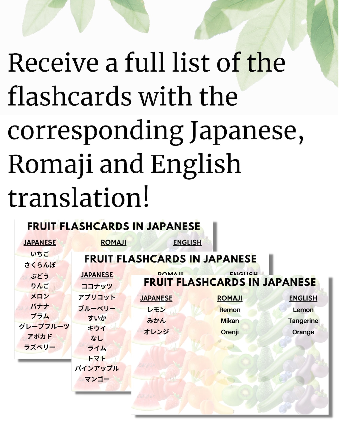 Learn Fruits in Japanese 24 Flashcards Hiragana Katakana Etsy