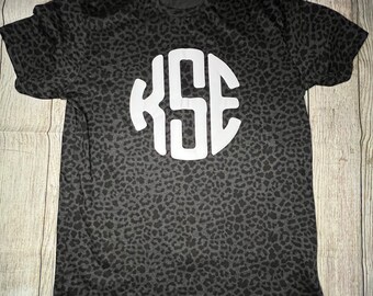 Leopard Print Monogram Tshirt, Personalized Puff Vinyl Tee