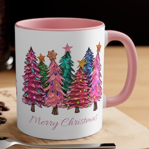 Pink Tree Christmas Mug, Christmas Mug,  Christmas Tree Mug, Holiday Mug, Winter Mug